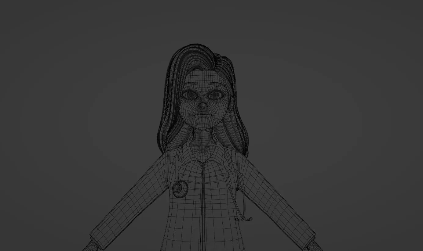 Doctor Cartoon Female Character low-poly quad topology wireframe mesh